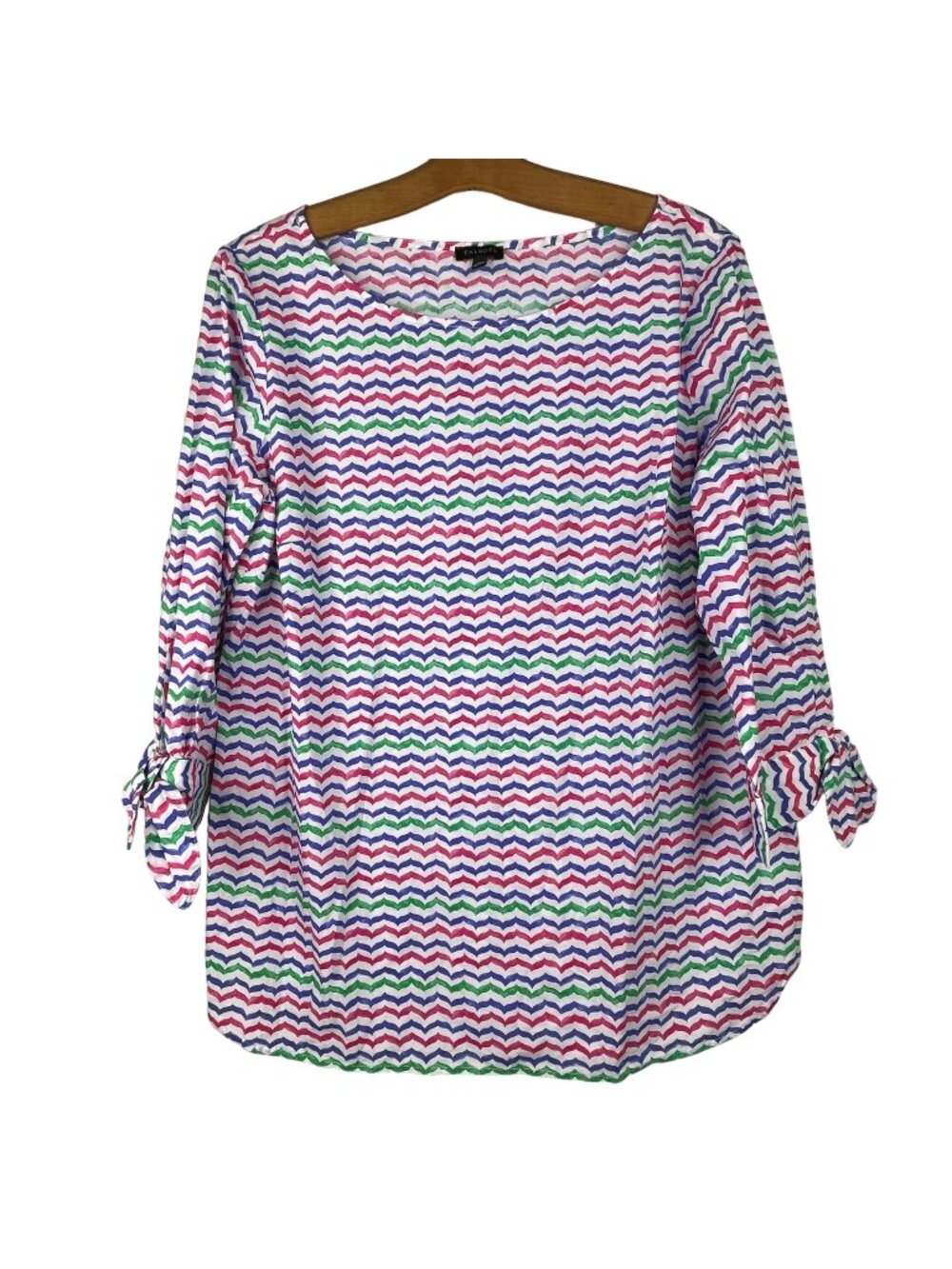 Talbots Blouse Top Medium Chevron Striped Popover Tie Sleeve Cotton Beach Pink